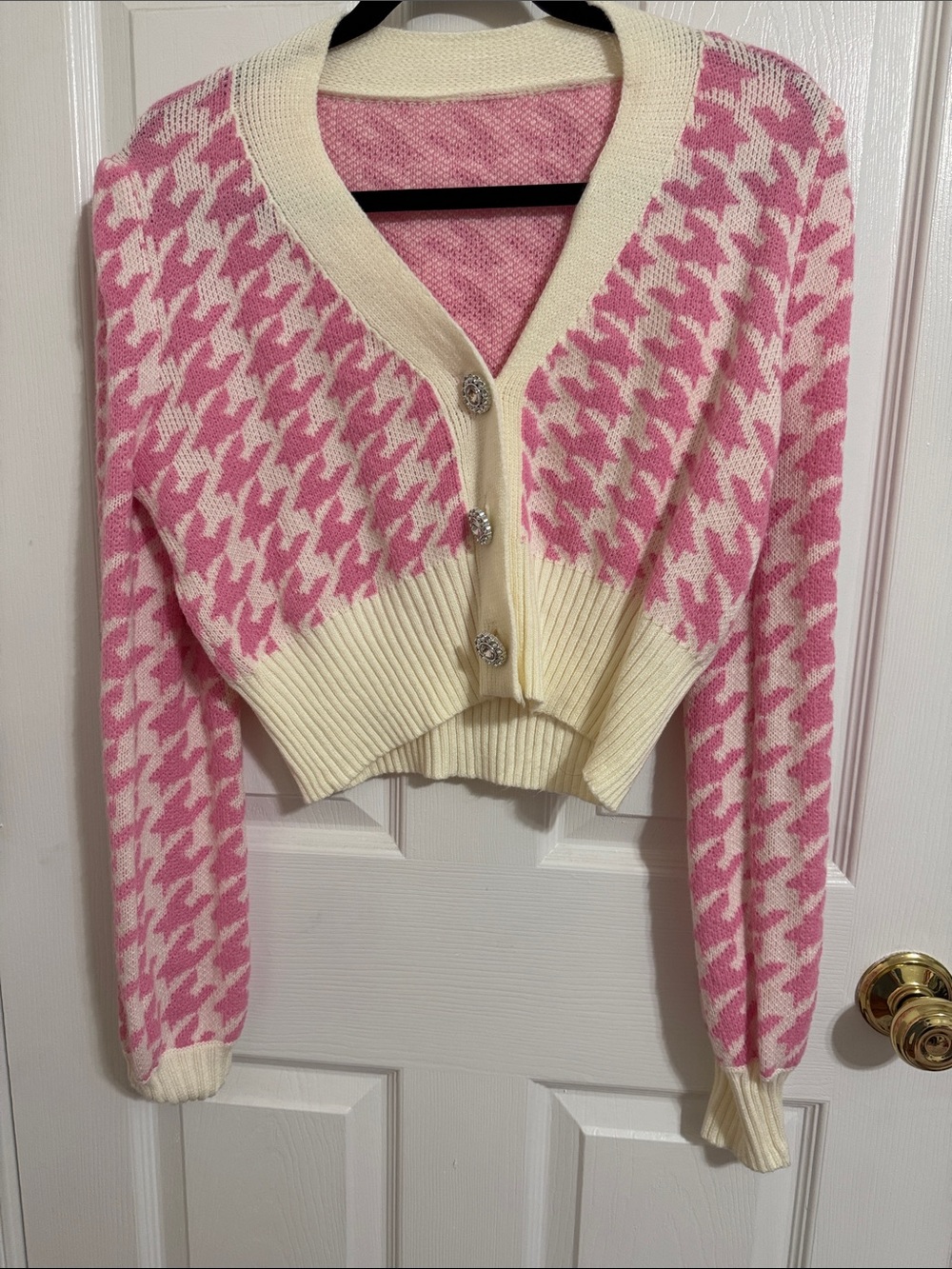 Cream & Pink Houndstooth V-Neck Cardigan Sweater